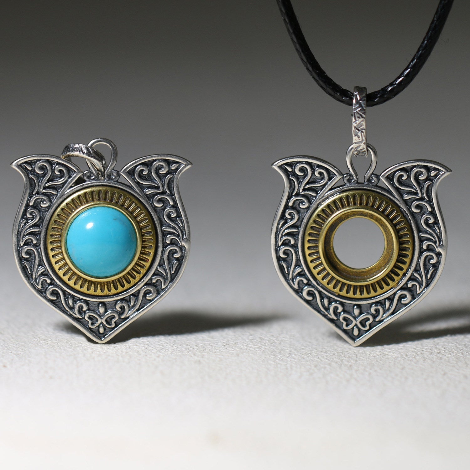 Antique Floral Turquoise Pendant in 925 Sterling Silver