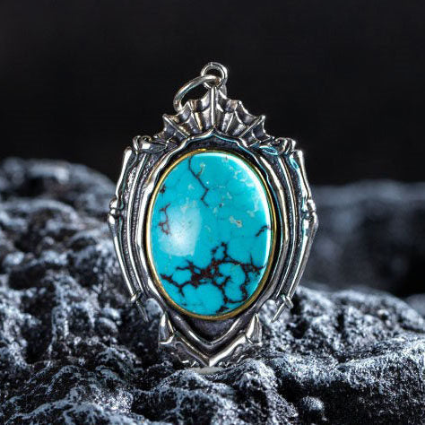 925 Sterling Silver Bone Armor Turquoise Pendant