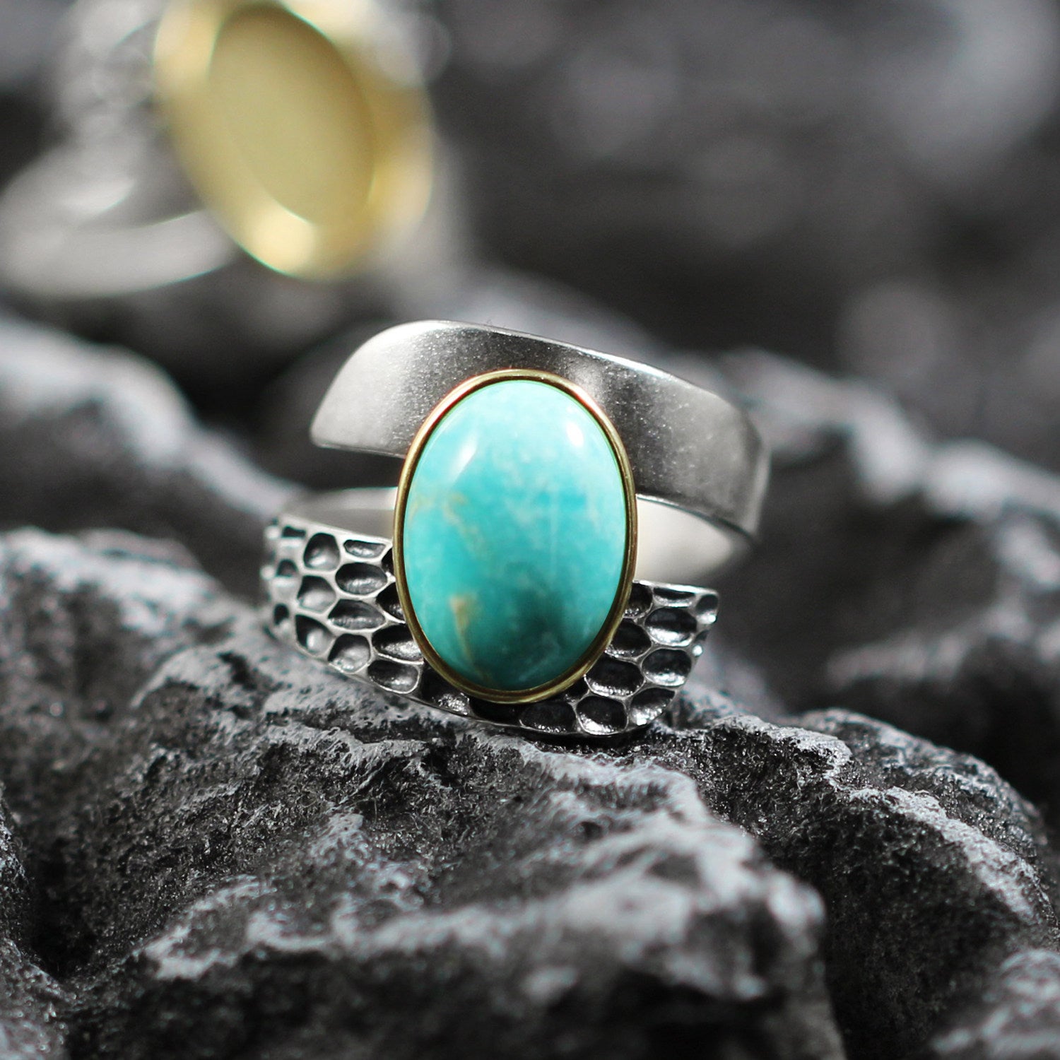 Brass Bezel Adjustable Turquoise Ring 925 Sterling Silver