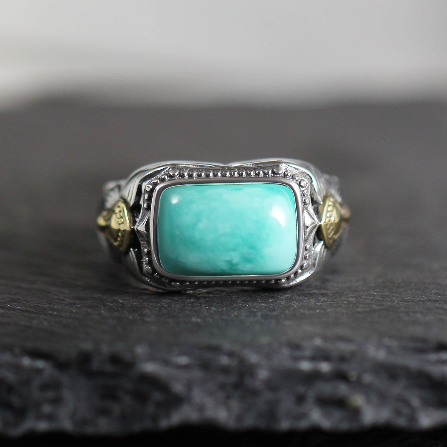 Vintage Square Turquoise Statement Ring 925 Sterling Silver