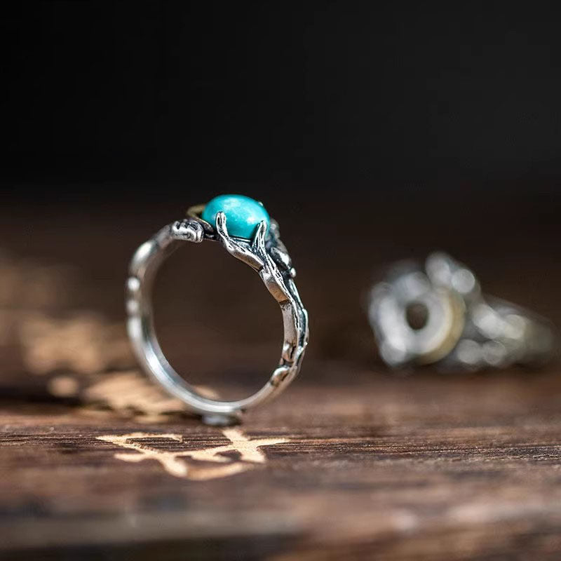 925 Sterling Silver Twig & Leaf Turquoise Open Ring