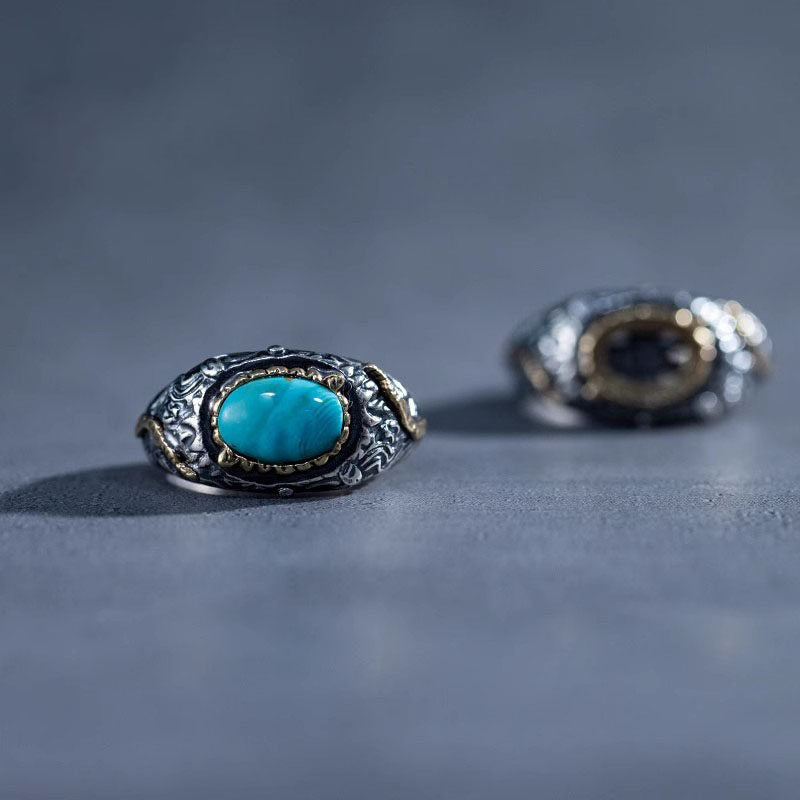 Vintage Engraved Turquoise Open Ring 925 Sterling Silver