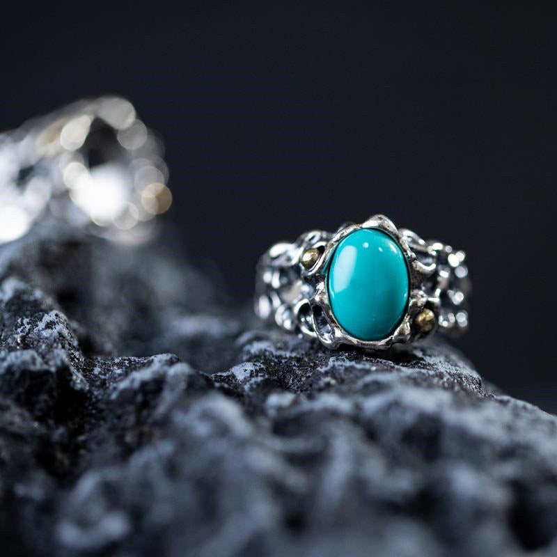 925 Sterling Silver Irregular Hollow Turquoise Statement Ring
