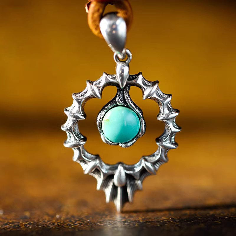 925 Sterling Silver Thorny Halo Turquoise Pendant