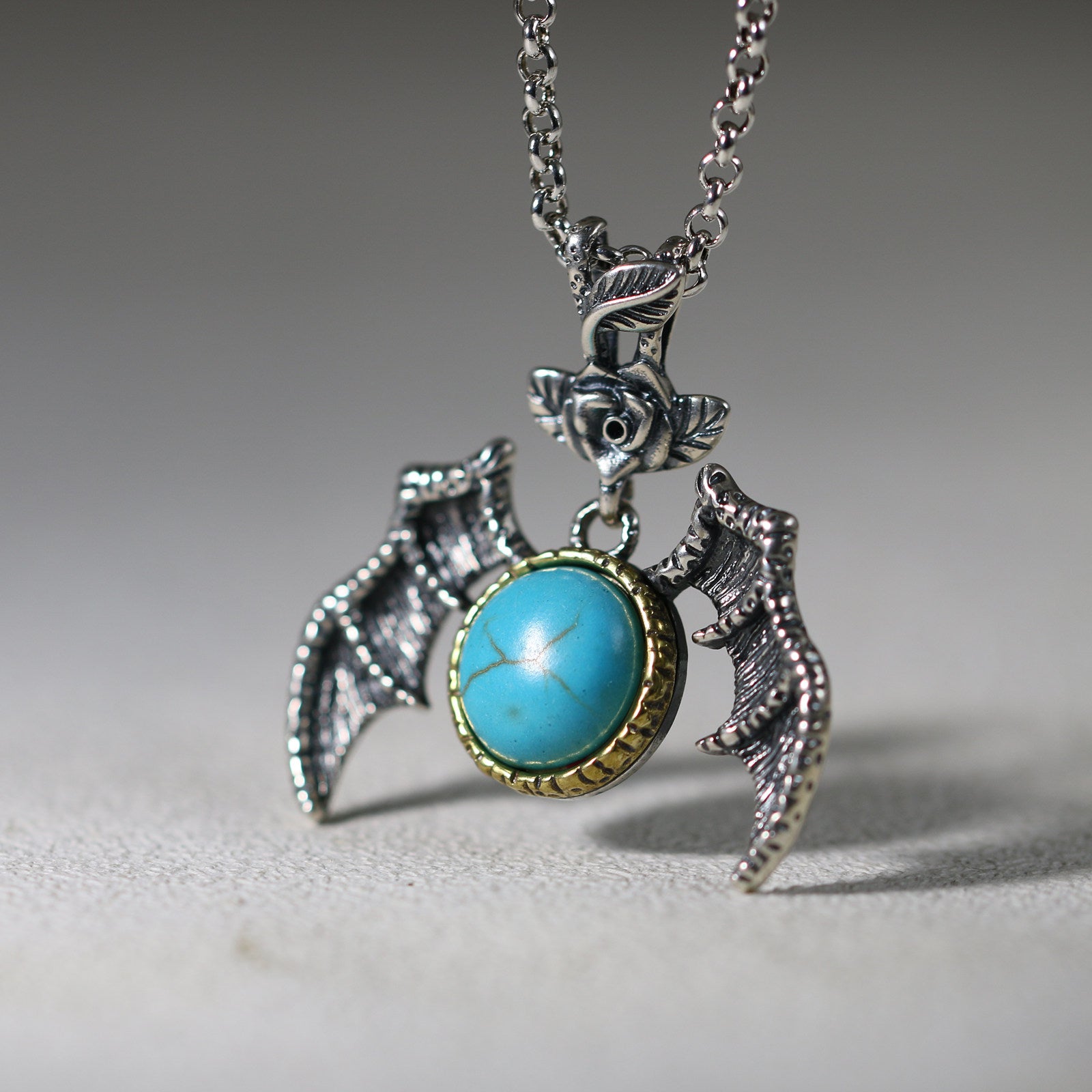 925 Sterling Silver Devil Wing Rose Turquoise Pendant