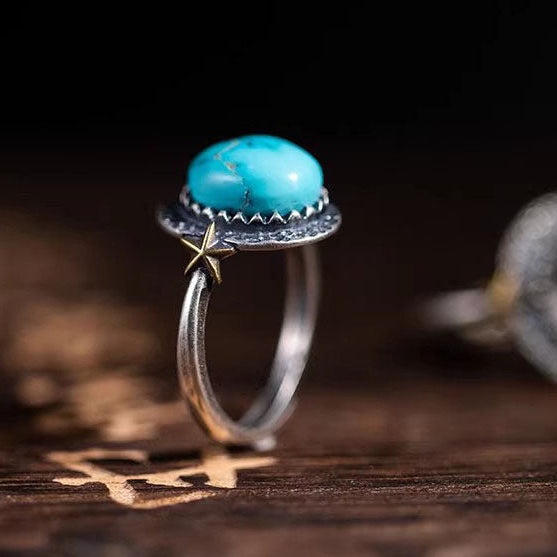 Star‑Accent Serrated Turquoise Ring 925 Sterling Silver