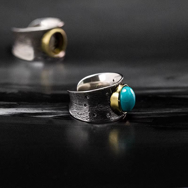 Oval Turquoise with Bark Texture 925 Sterling Silver Ring
