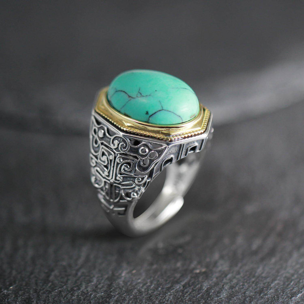 Ornate Openwork Turquoise 925 Sterling Silver Ring