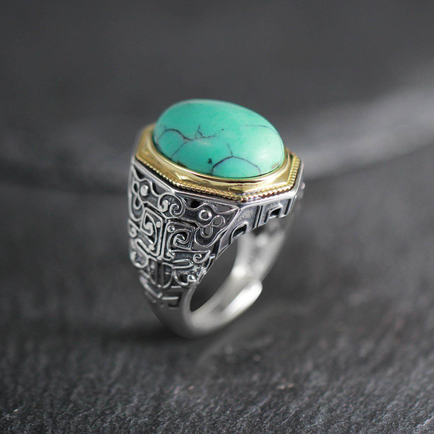 Ornate Openwork Turquoise 925 Sterling Silver Ring