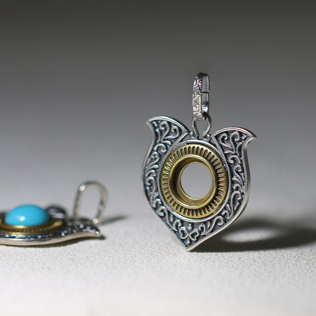 Antique Floral Turquoise Pendant in 925 Sterling Silver