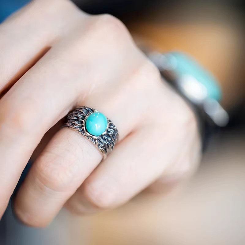 Natural Turquoise Tree Bark Texture 925 Sterling Silver Ring