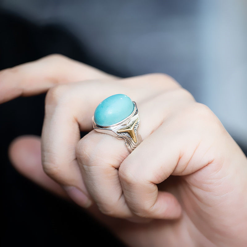 Natural Turquoise Statement Ring 925 Sterling Silver with Gold Triangle Accent