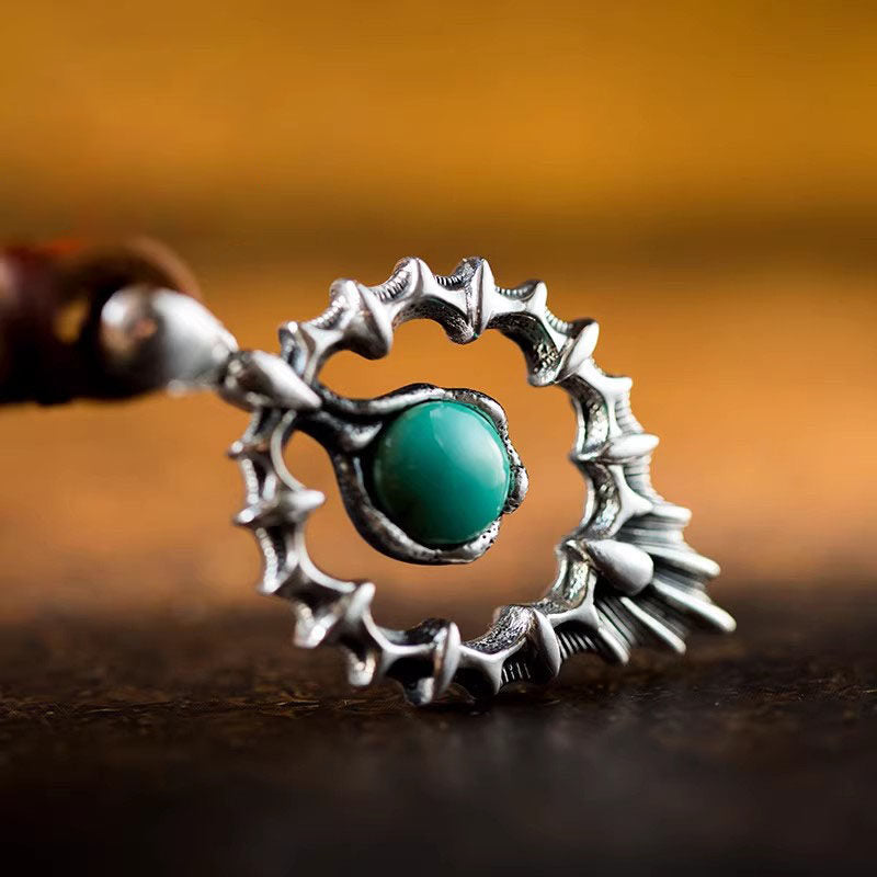 925 Sterling Silver Thorny Halo Turquoise Pendant