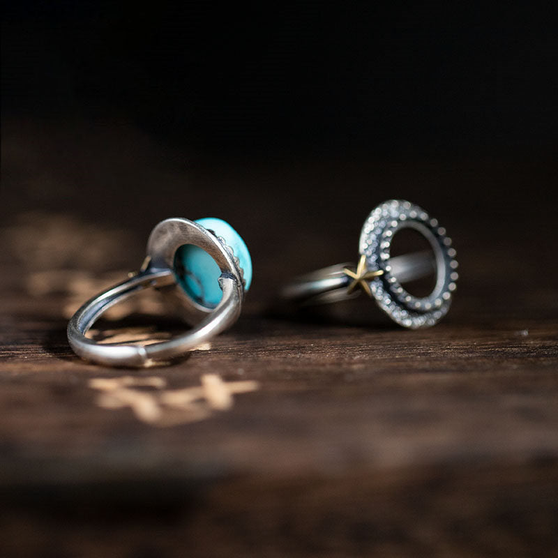 Star‑Accent Serrated Turquoise Ring 925 Sterling Silver