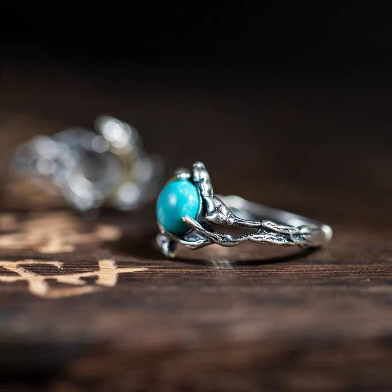925 Sterling Silver Twig & Leaf Turquoise Open Ring