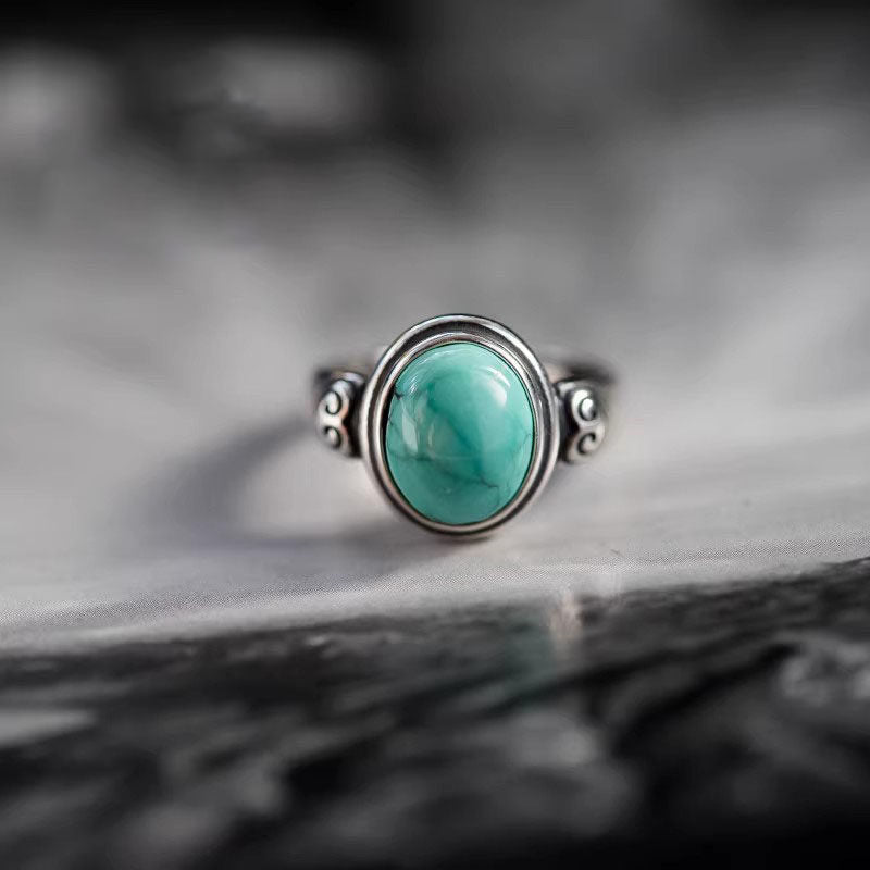 Vintage Engraved Turquoise Statement 925 Sterling Silver Ring