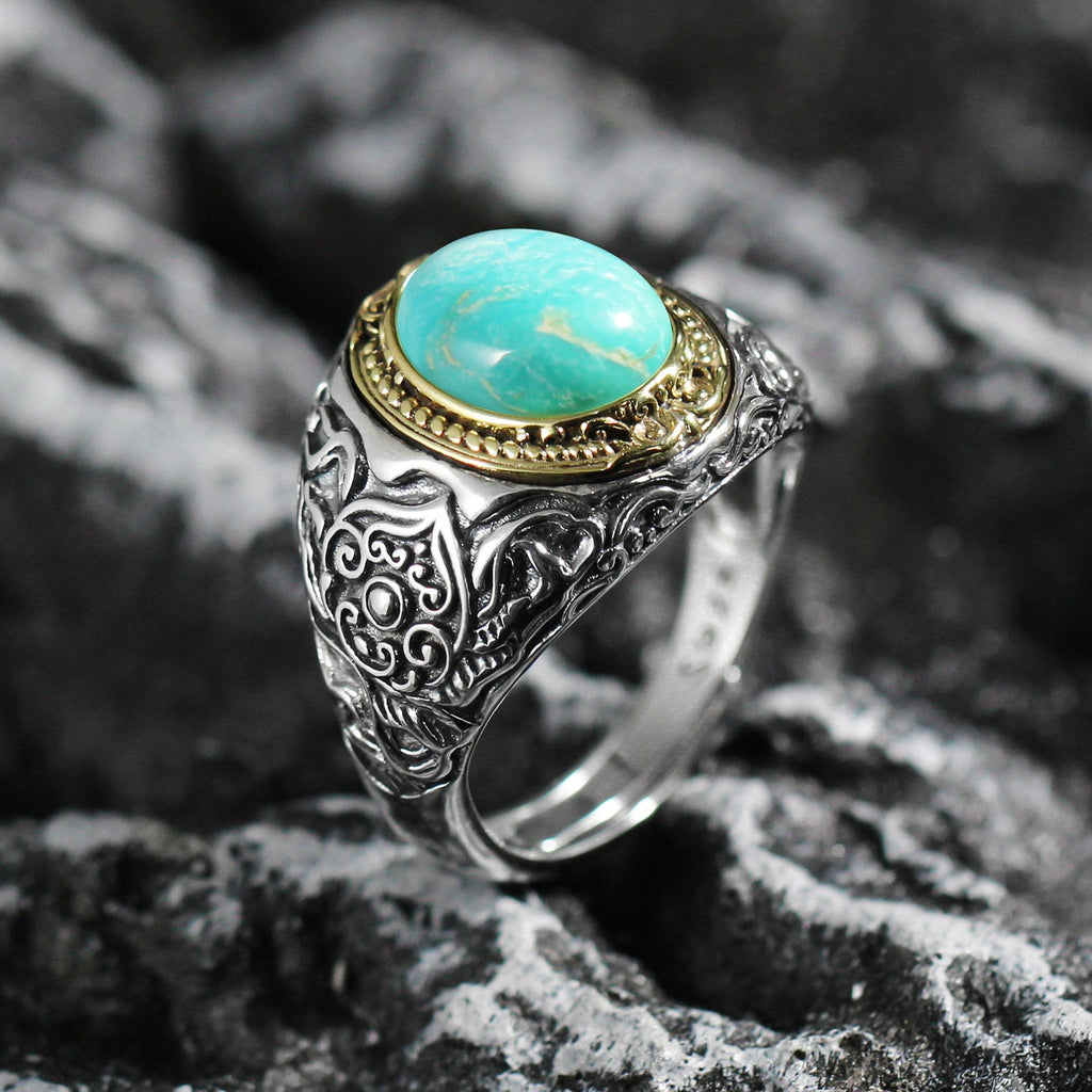 925 Sterling Silver Natural Turquoise Ring with Engraved Scrollwork