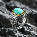 925 Sterling Silver Natural Turquoise Ring with Engraved Scrollwork