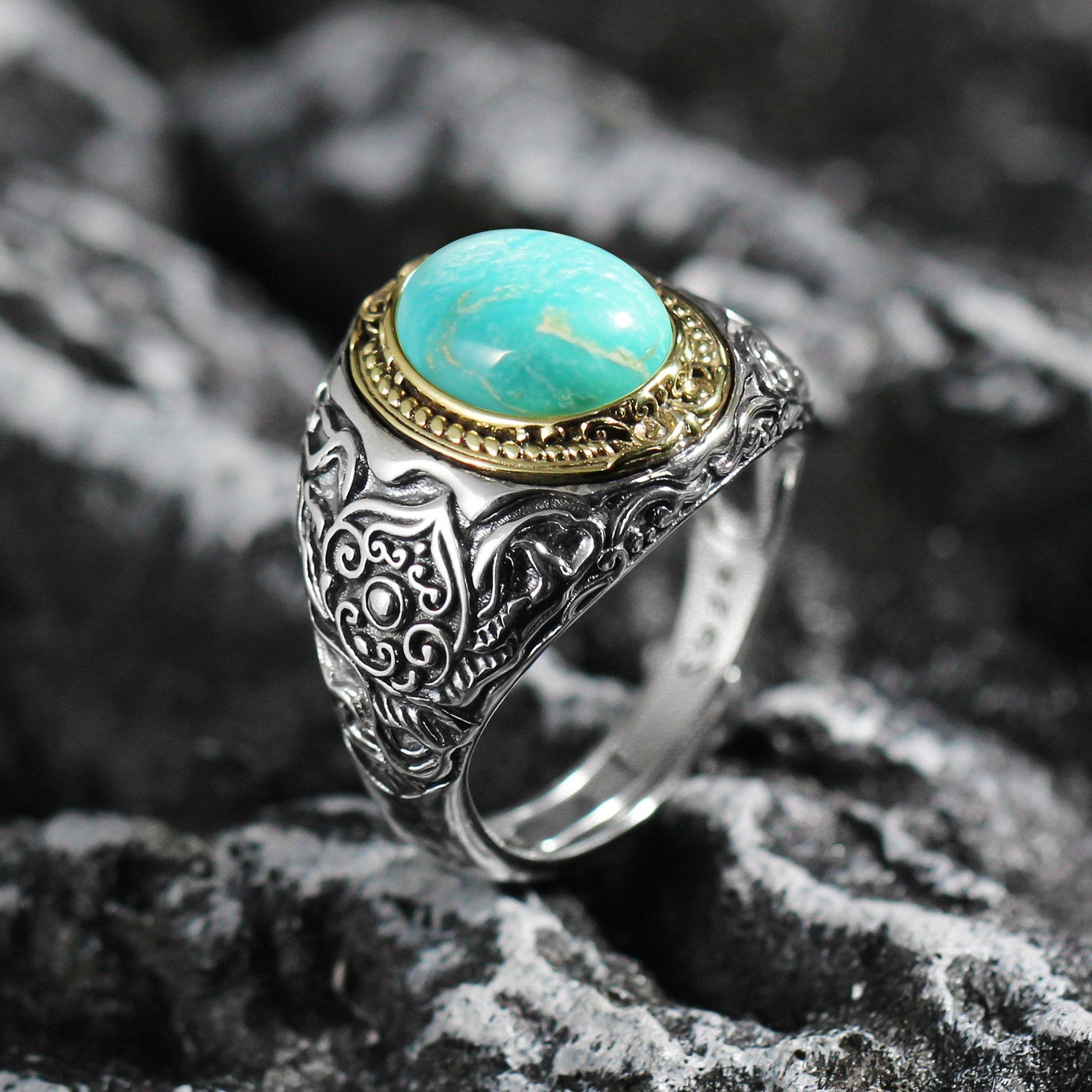 925 Sterling Silver Natural Turquoise Ring with Engraved Scrollwork
