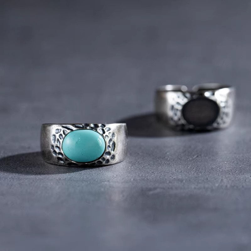 Rustic Textured Turquoise Ring with 925 Sterling Silver