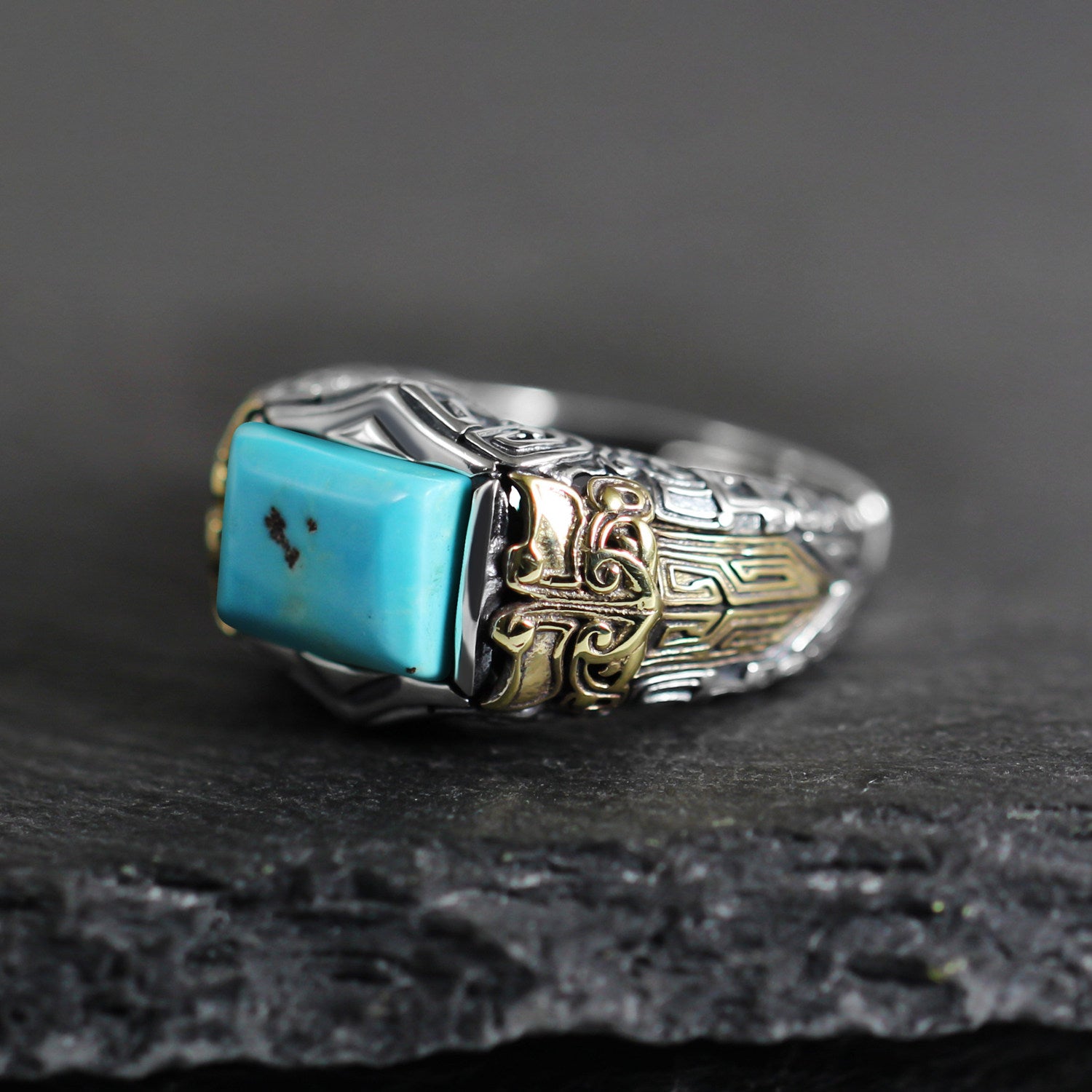 925 Sterling Silver Antique Geometric Turquoise Ring