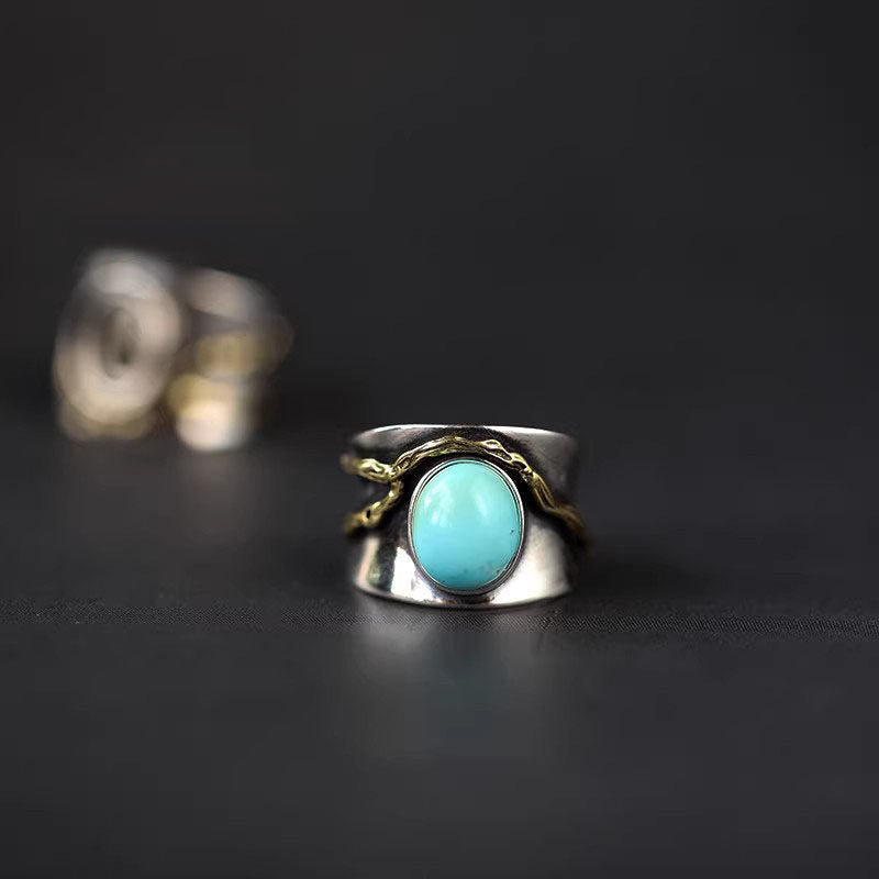 925 Sterling Silver Ring with Antiqued Organic Branch Turquoise Statement