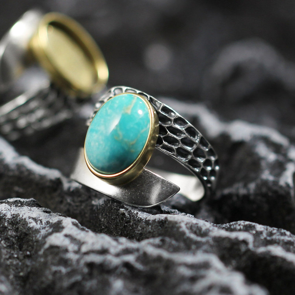 Brass Bezel Adjustable Turquoise Ring 925 Sterling Silver