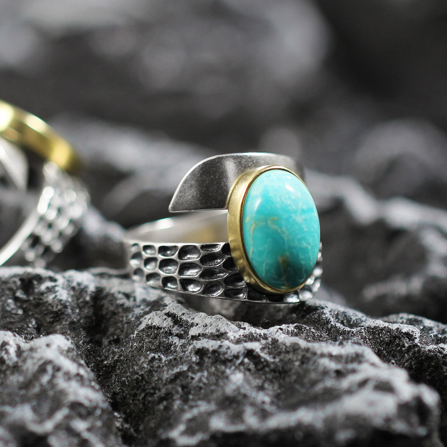Brass Bezel Adjustable Turquoise Ring 925 Sterling Silver