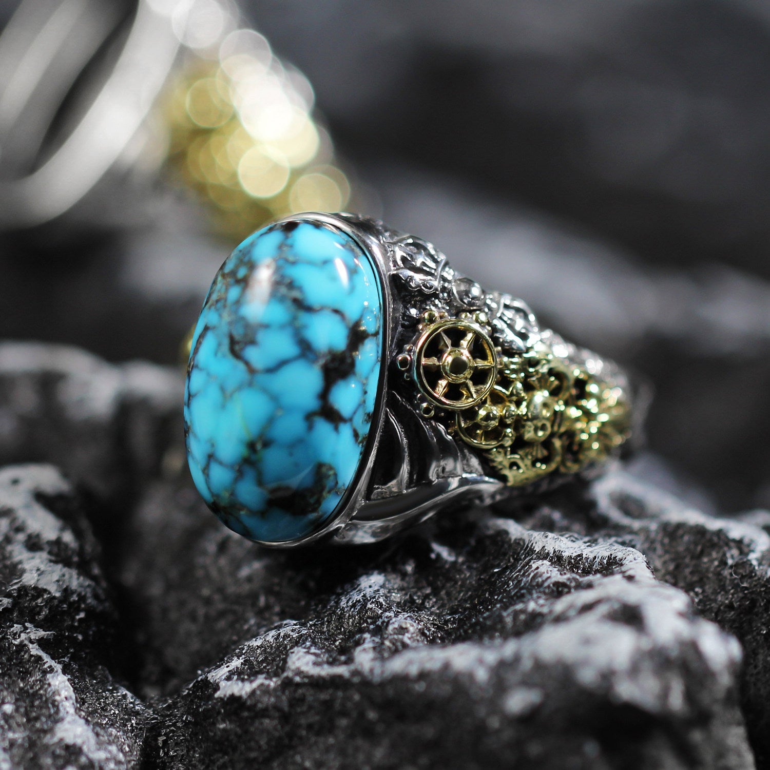 Steampunk Gear Turquoise Ring 925 Sterling Silver