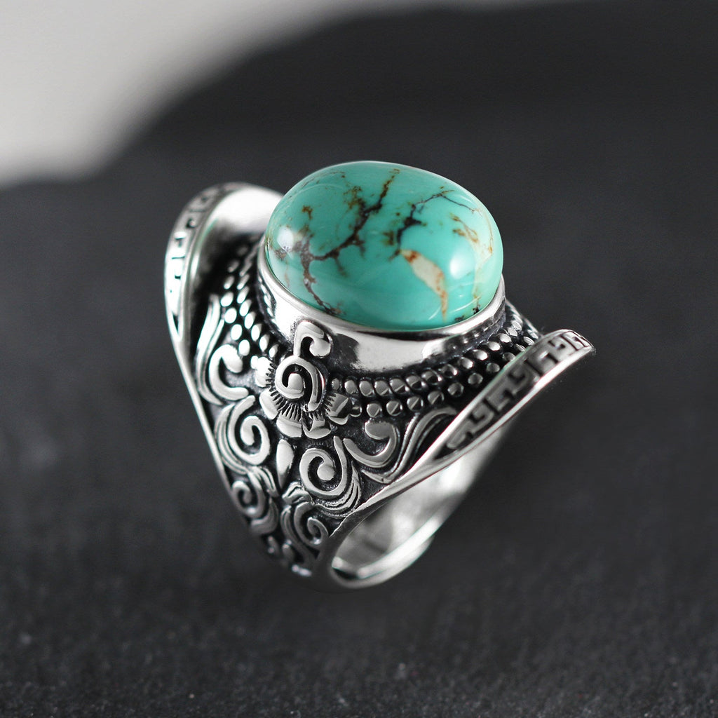 Vintage Filigree Carved Turquoise 925 Sterling Silver Ring
