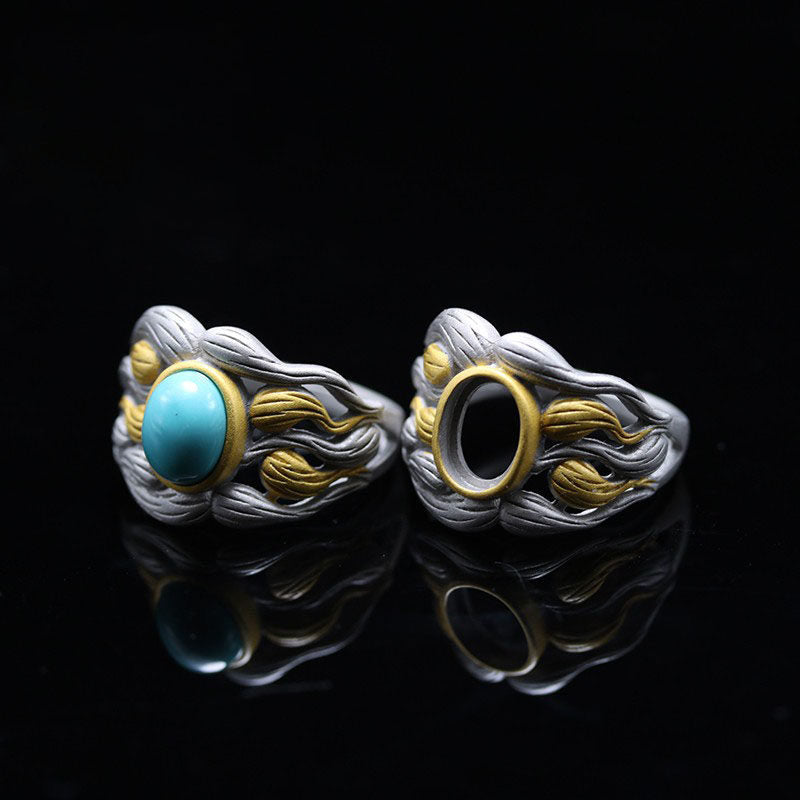 Oval Turquoise Copper Feather 925 Sterling Silver Ring