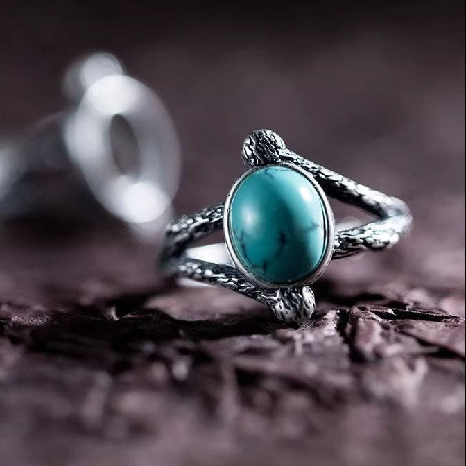 925 Sterling Silver Ring with Oval Matrix Turquoise and Twig Band