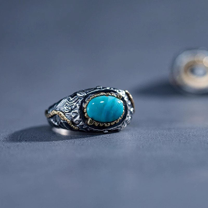 Vintage Engraved Turquoise Open Ring 925 Sterling Silver