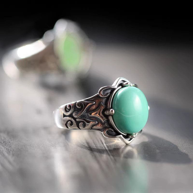 Round Turquoise Tribal Swirl 925 Sterling Silver Ring
