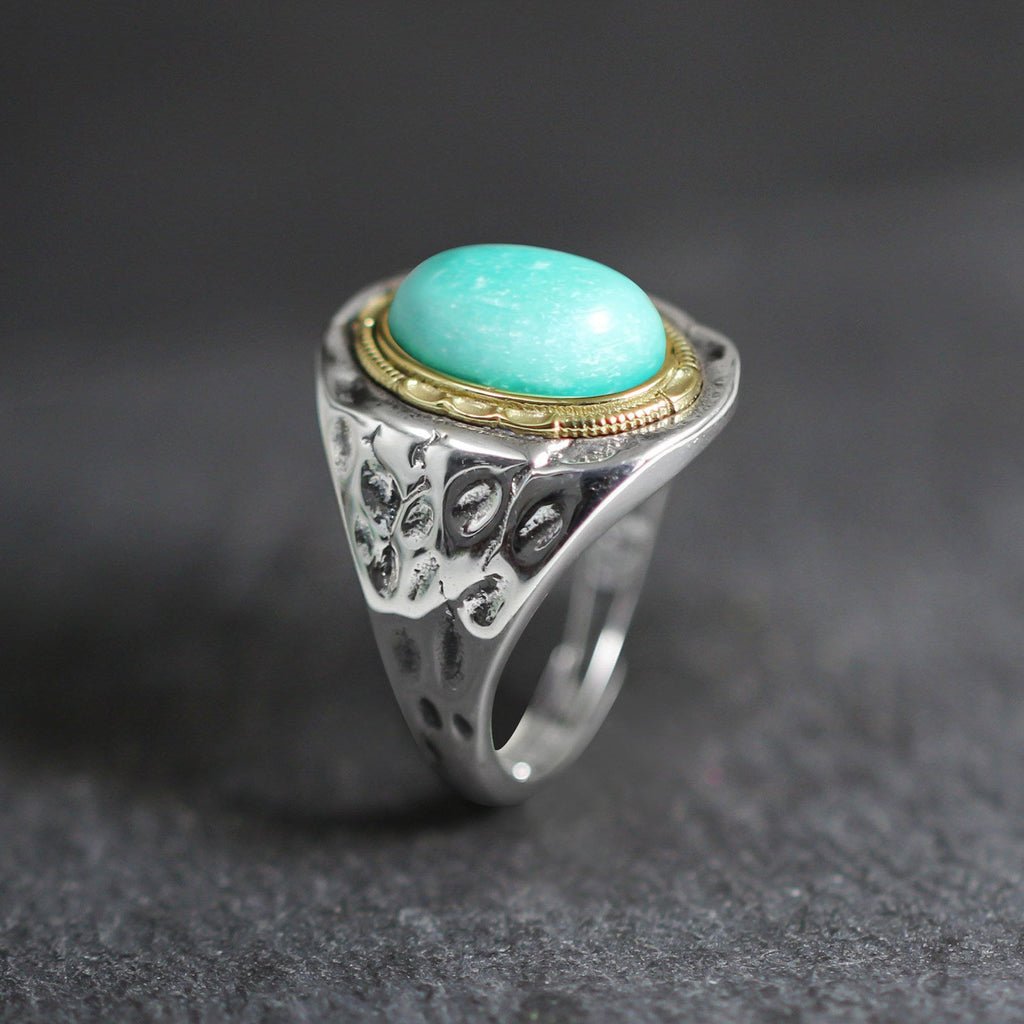 Natural Turquoise with Rustic Copper Accent Setting 925 Sterling Silver Ring