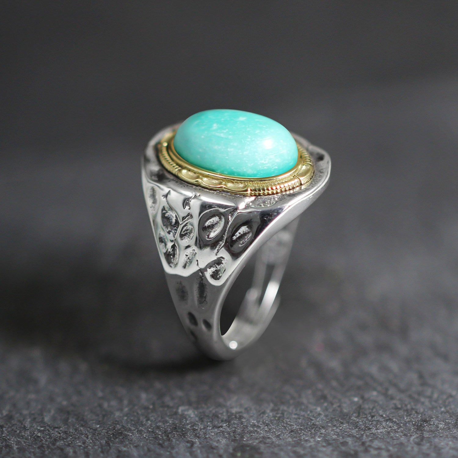 Natural Turquoise with Rustic Copper Accent Setting 925 Sterling Silver Ring