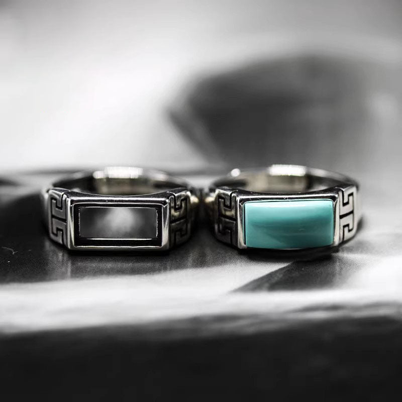 925 Sterling Silver Ring with Rectangular Turquoise and Greek Key