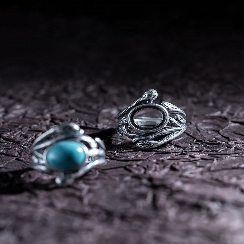 Natural Turquoise Twig Leaf Open Setting 925 Sterling Silver Ring