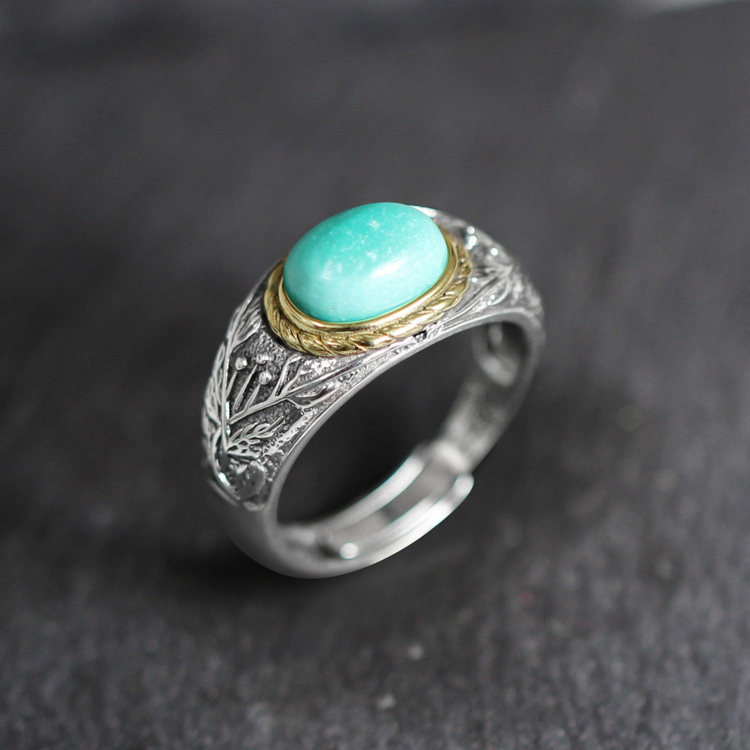 925 Sterling Silver Ring with Antiqued Floral Engraved Turquoise Statement