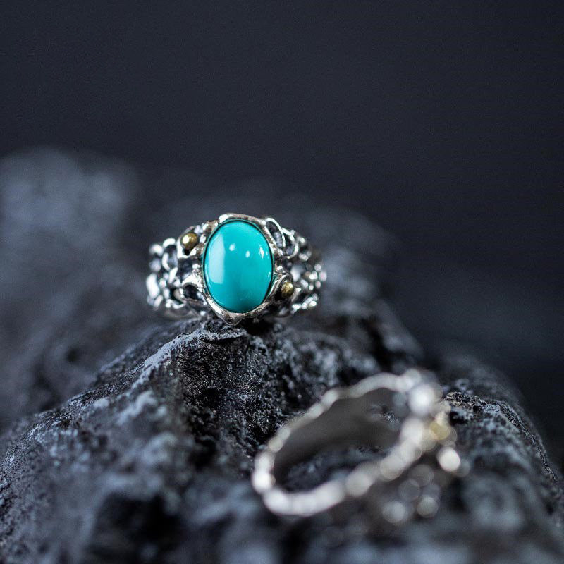 925 Sterling Silver Irregular Hollow Turquoise Statement Ring