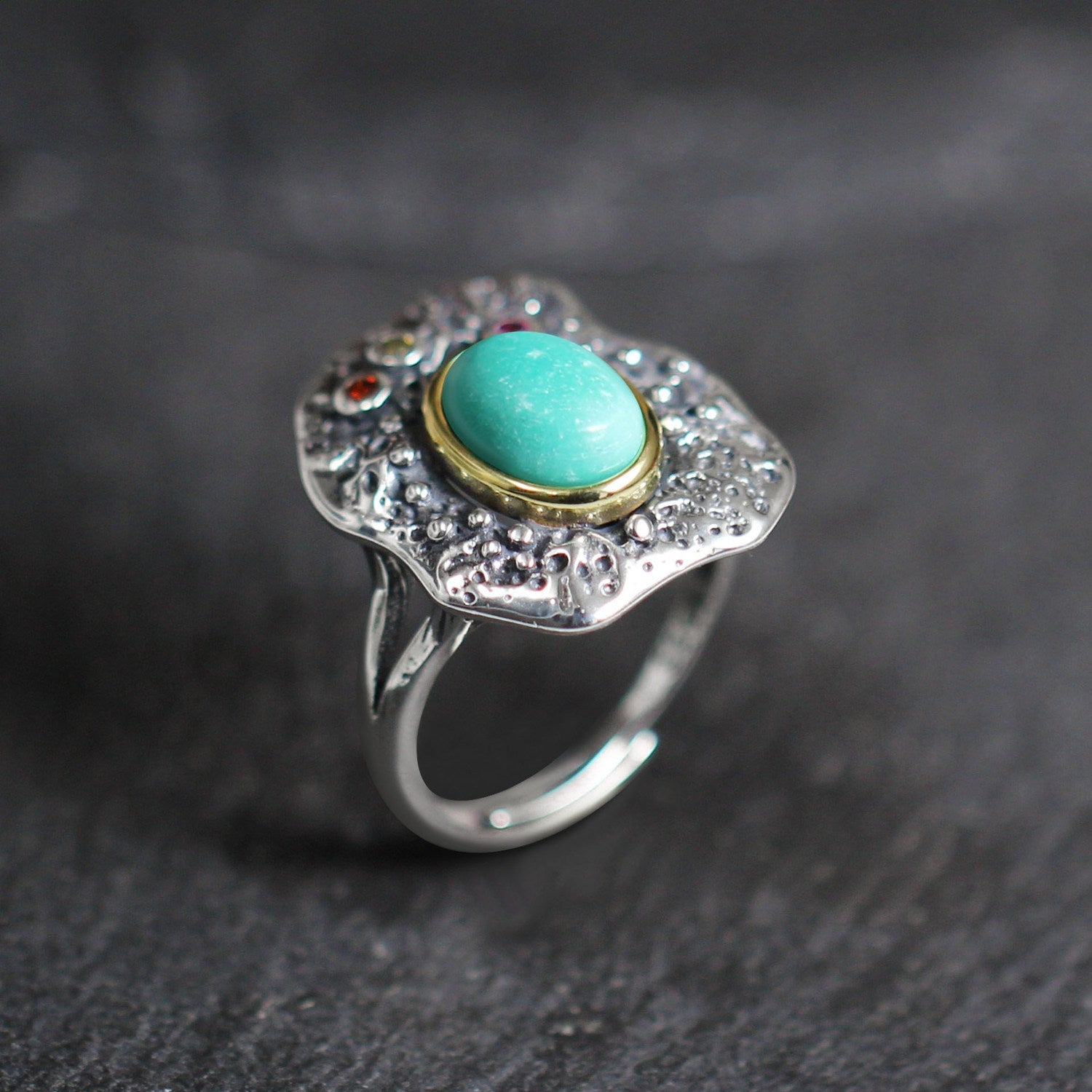 Antiqued Lava Texture Turquoise Statement 925 Sterling Silver Ring