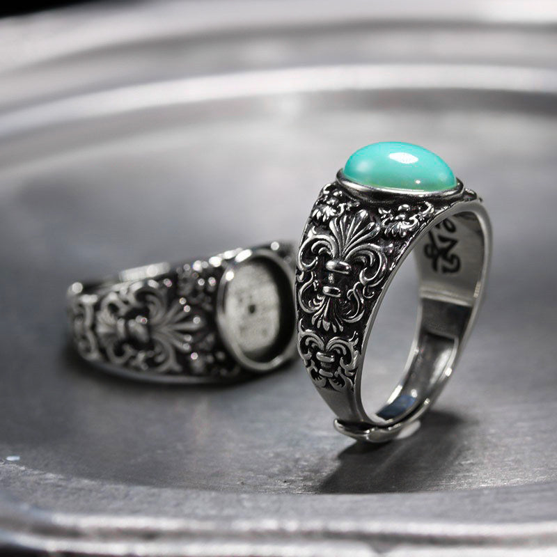 Ornate Scrollwork Turquoise Signet Ring 925 Sterling Silver Ring
