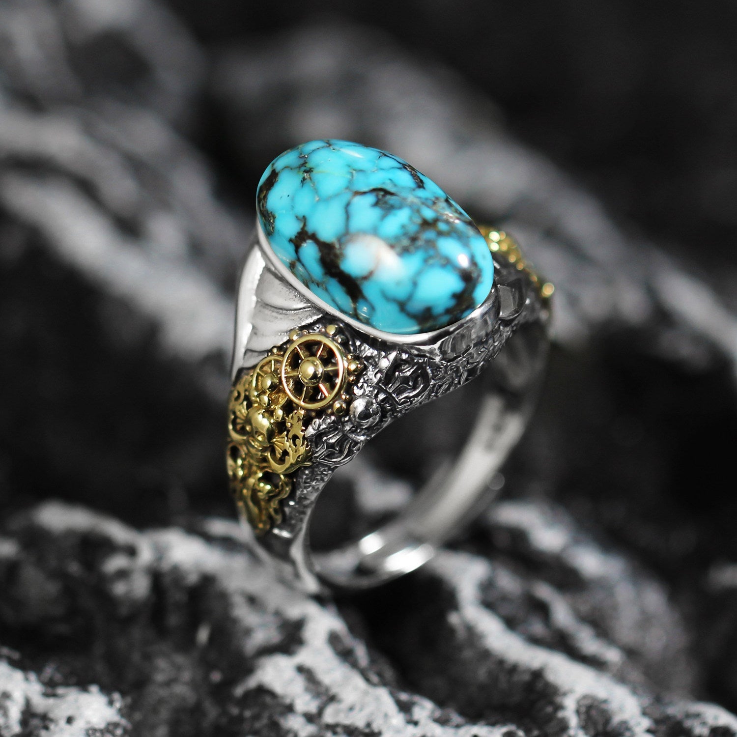 Steampunk Gear Turquoise Ring 925 Sterling Silver