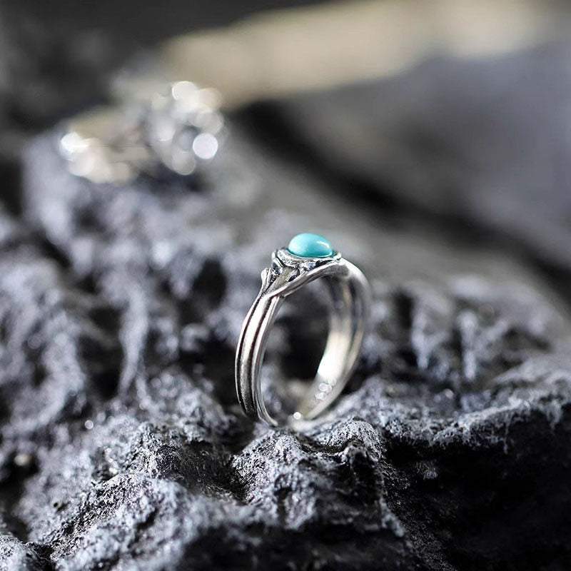925 Sterling Silver Twisted Branch Turquoise Open Ring