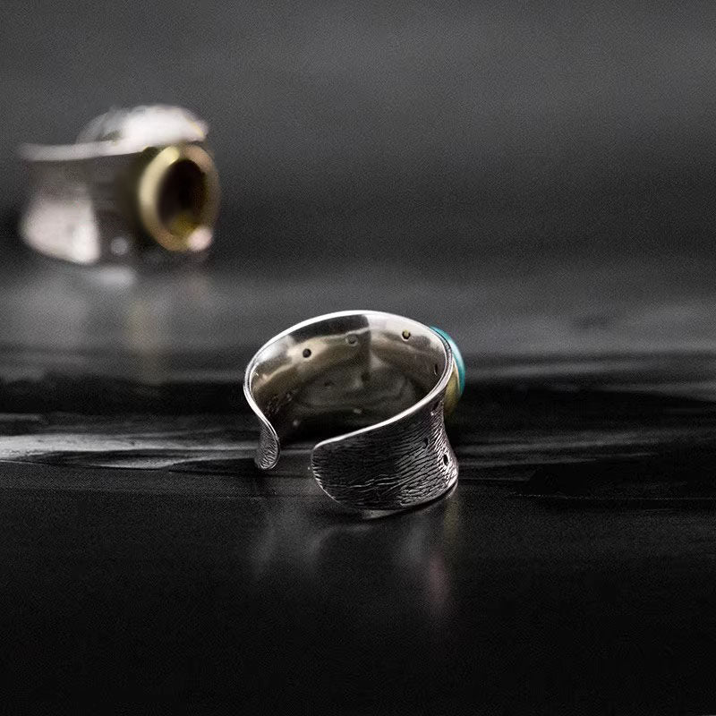 Oval Turquoise with Bark Texture 925 Sterling Silver Ring
