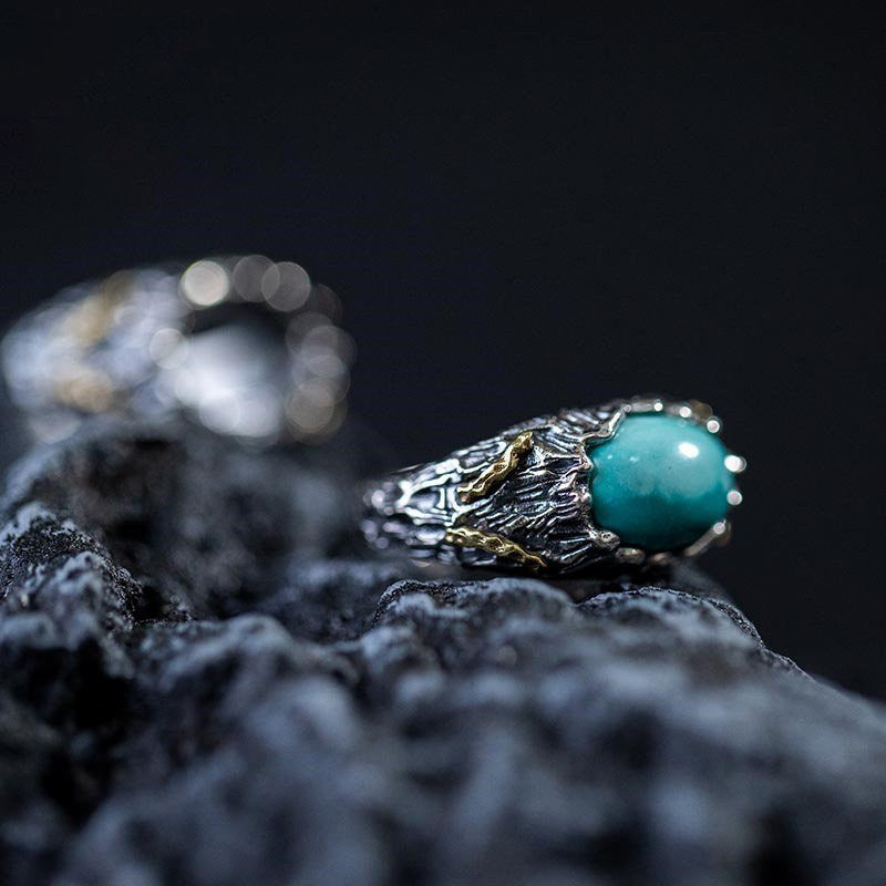 925 Sterling Silver Natural Turquoise Ring with Twisted Gold Accents