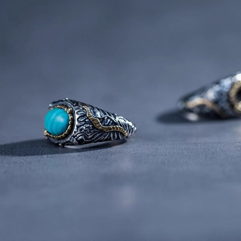 Vintage Engraved Turquoise Open Ring 925 Sterling Silver