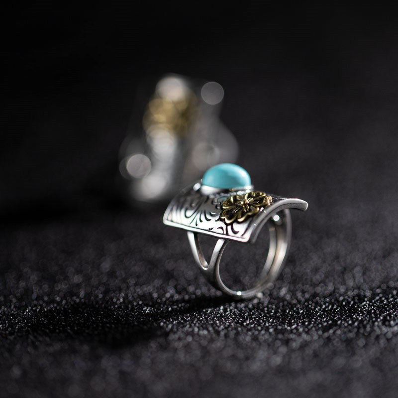 Antiqued Scrollwork Turquoise 925 Sterling Silver Ring