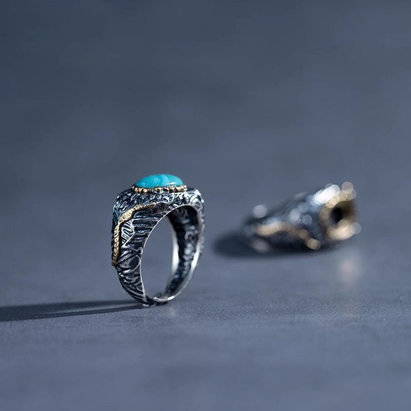 Vintage Engraved Turquoise Open Ring 925 Sterling Silver