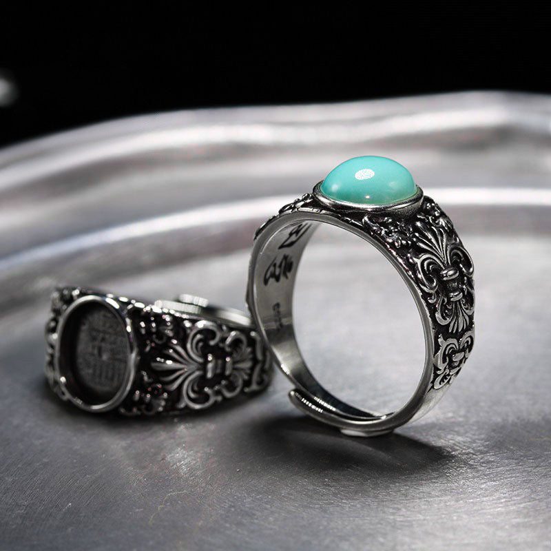 Ornate Scrollwork Turquoise Signet Ring 925 Sterling Silver Ring